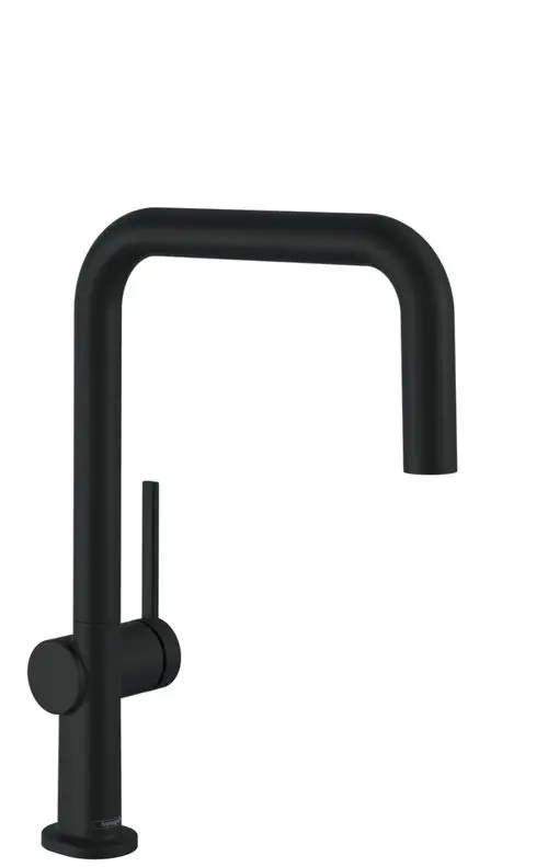 Schwarzer Einhebel-Küchenmischer von Hansgrohe mit einem modernen, geraden Auslauf und seitlichem Hebel, geeignet für die Installation in der Küche.